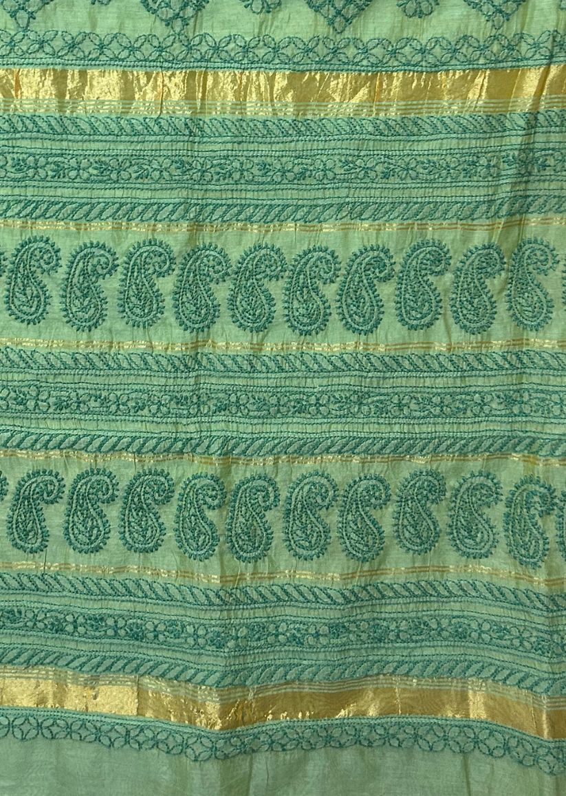Firgun Green Lucknowi Chikankari Chanderi Saree with Unstitched Blouse Piece