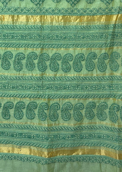 Firgun Green Lucknowi Chikankari Chanderi Saree with Unstitched Blouse Piece