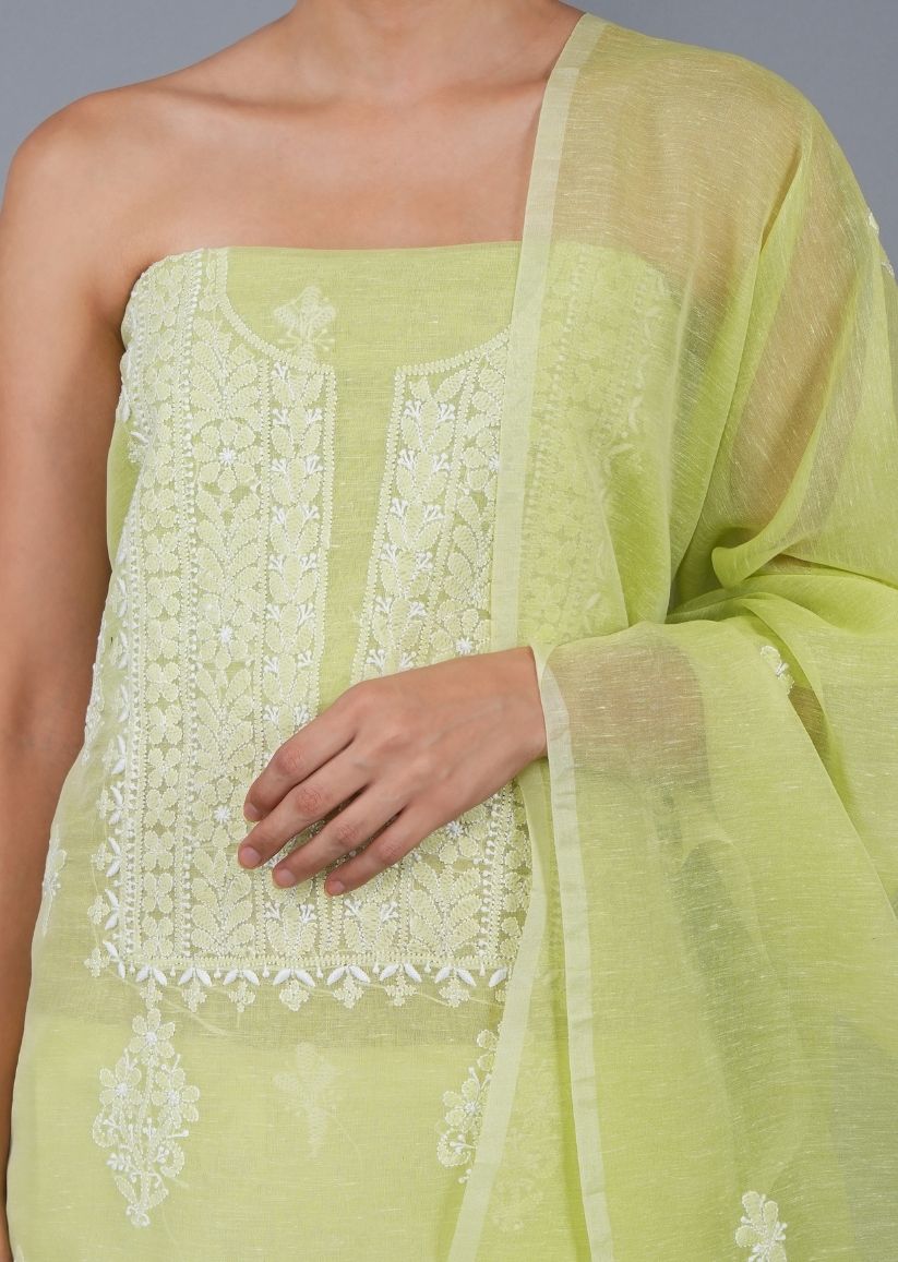 Firgun Green Lucknowi Chikankari Linen Unstitched Kurta & Dupatta Set