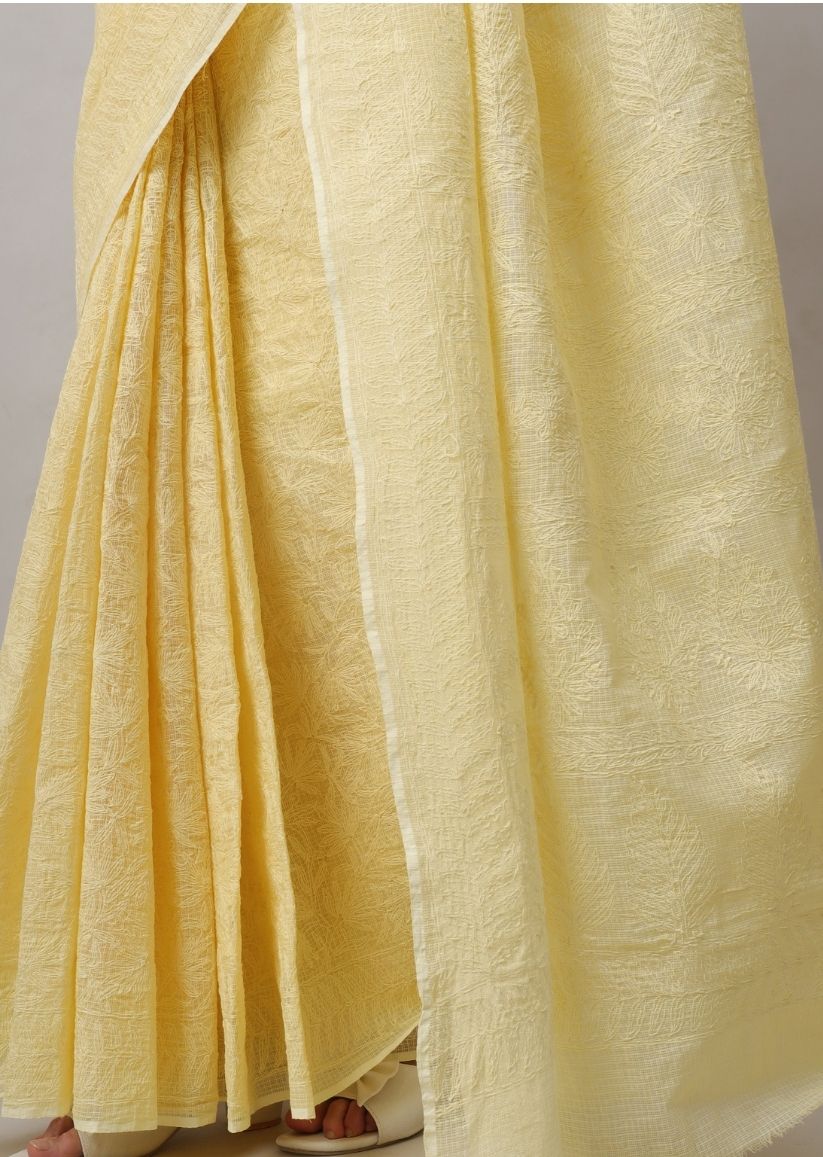 Firgun Mustard Lucknowi Chikankari Kota Doria Tepchi Work Saree with Blouse Piece