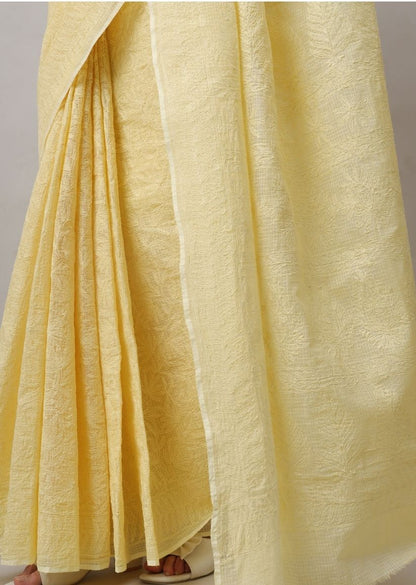 Firgun Mustard Lucknowi Chikankari Kota Doria Tepchi Work Saree with Blouse Piece