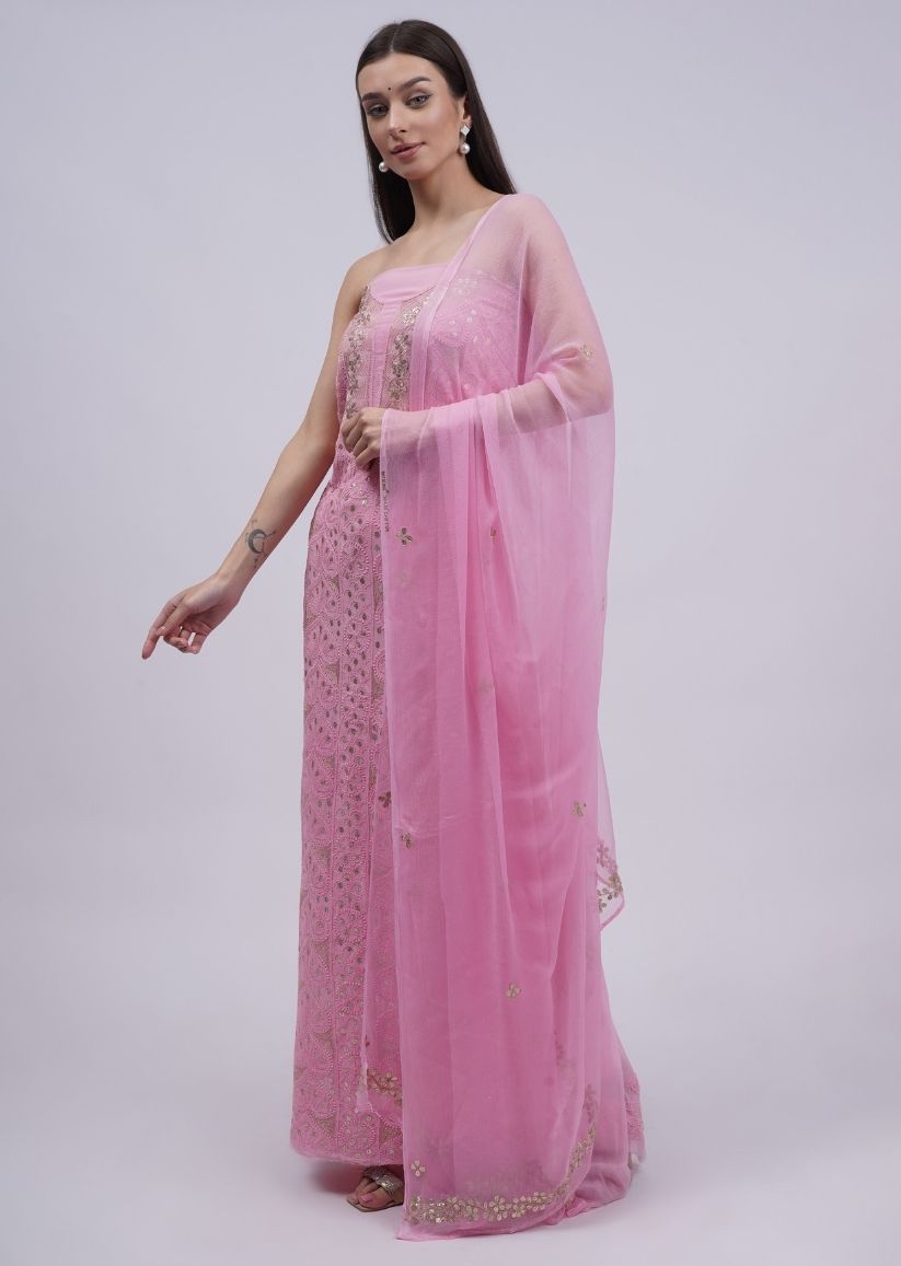 Firgun Pink Lucknowi Chikankari & Gota Patti Viscose Georgette Unstitched Kurta & Dupatta Set