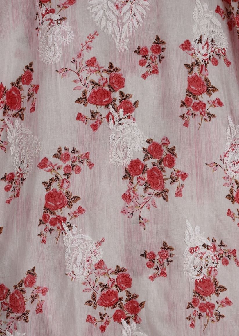 Firgun White Pink Printed Lucknowi Chikankari Cotton Kurta