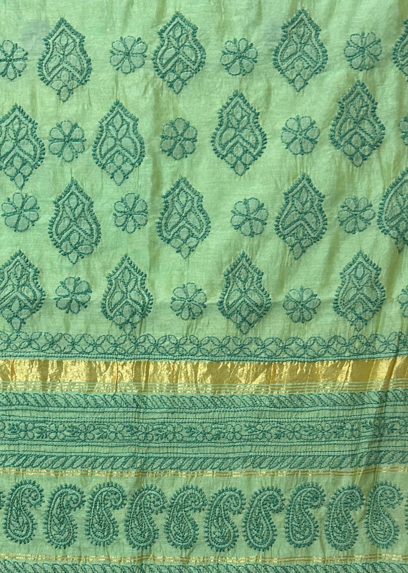 Firgun Green Lucknowi Chikankari Chanderi Saree with Unstitched Blouse Piece