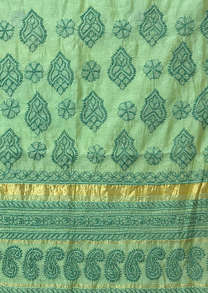 Firgun Green Lucknowi Chikankari Chanderi Saree with Unstitched Blouse Piece