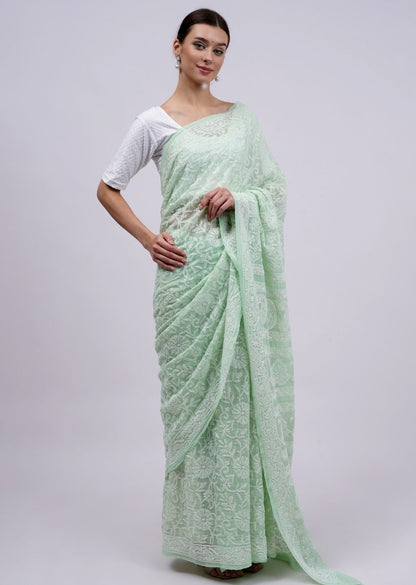 Firgun Pista Green Lucknowi Chikankari Georgette Saree with Unstitched Blouse Piece
