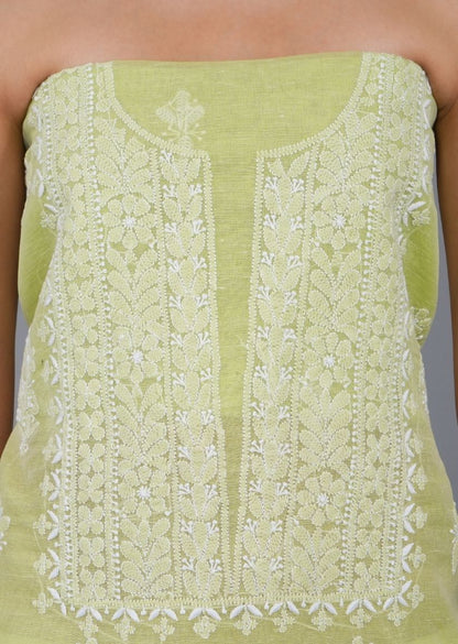 Firgun Green Lucknowi Chikankari Linen Unstitched Kurta & Dupatta Set