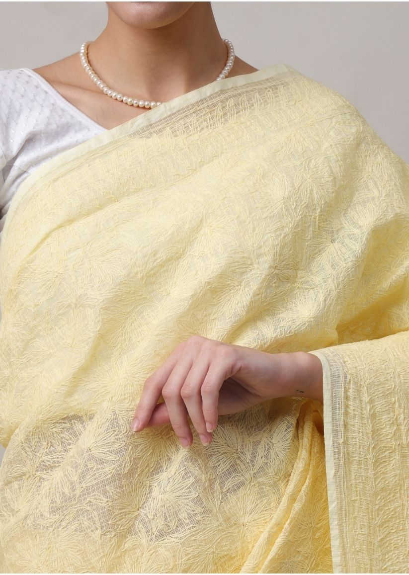 Firgun Mustard Lucknowi Chikankari Kota Doria Tepchi Work Saree with Blouse Piece