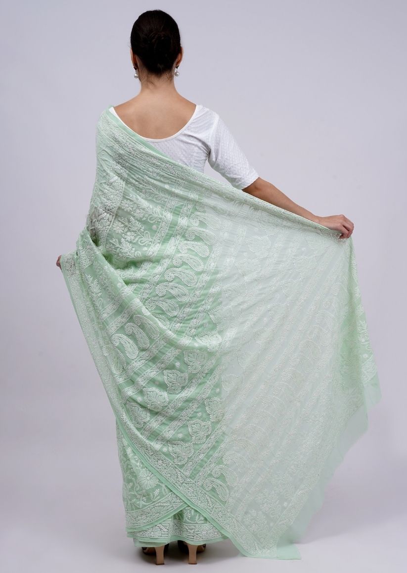 Firgun Pista Green Lucknowi Chikankari Georgette Saree with Unstitched Blouse Piece