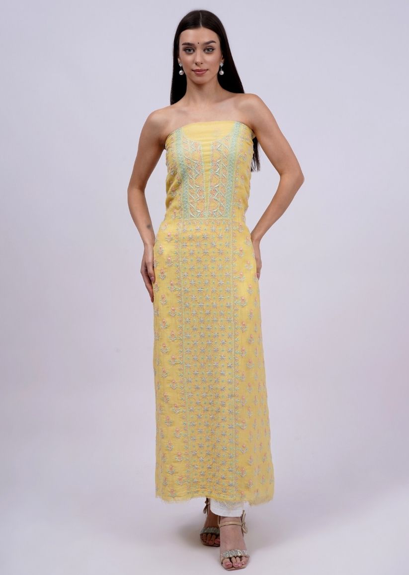 Firgun Lemon Lucknowi Chikankari Mul Chanderi Unstitched Kurta & Dupatta Set