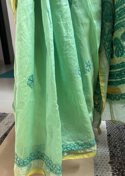 Firgun Green Lucknowi Chikankari Chanderi Saree with Unstitched Blouse Piece