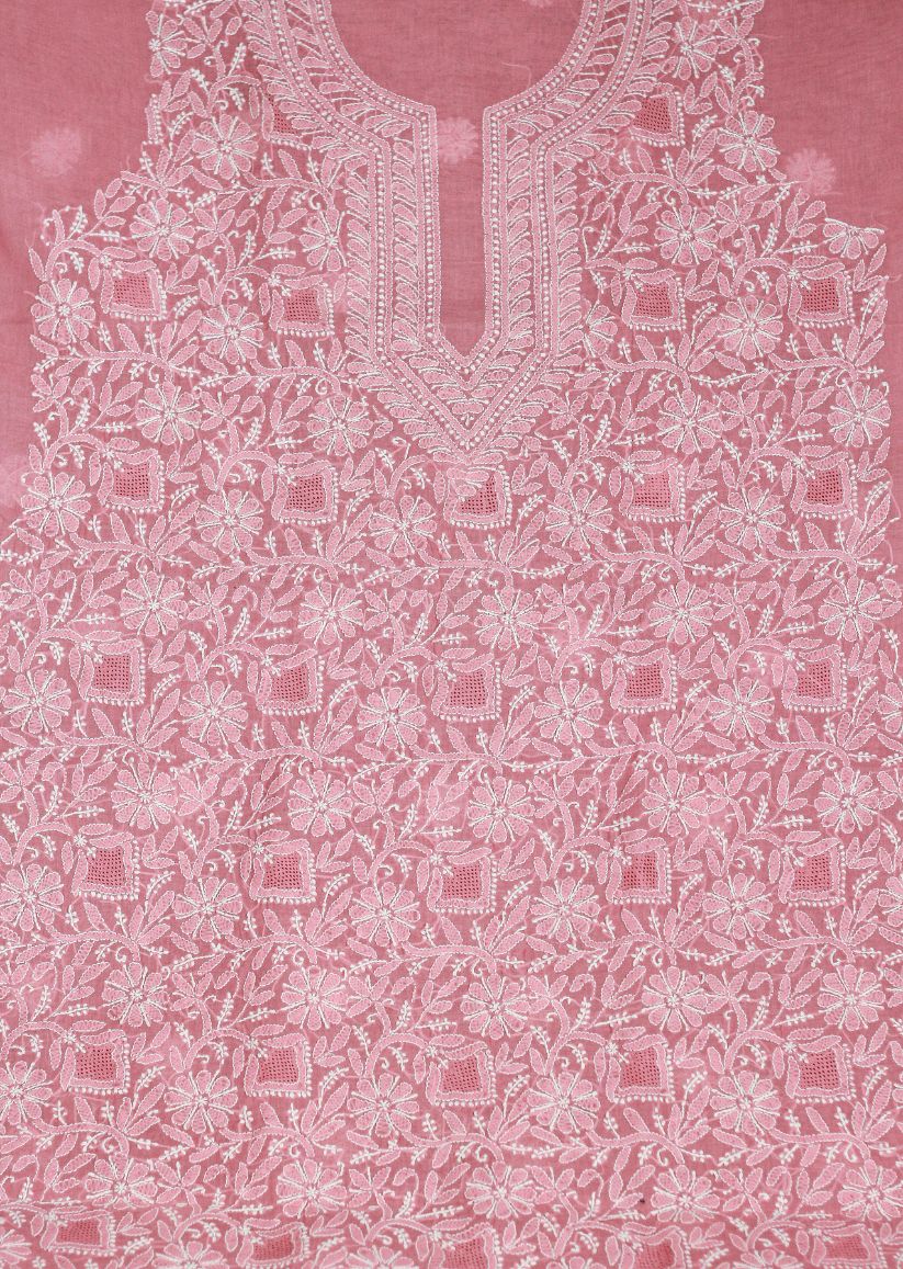 Firgun Peach Lucknowi Chikankari Cotton Unstitched Kurta