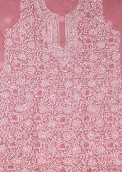 Firgun Peach Lucknowi Chikankari Cotton Unstitched Kurta