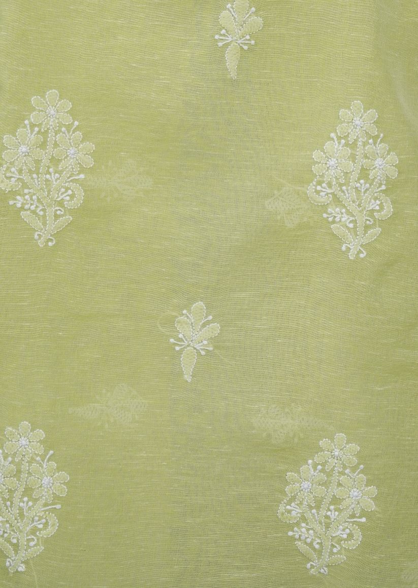 Firgun Green Lucknowi Chikankari Linen Unstitched Kurta & Dupatta Set