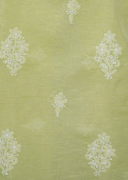 Firgun Green Lucknowi Chikankari Linen Unstitched Kurta & Dupatta Set