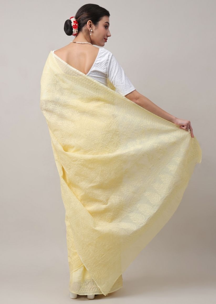 Firgun Mustard Lucknowi Chikankari Kota Doria Tepchi Work Saree with Blouse Piece