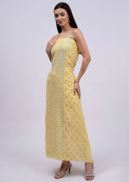 Firgun Lemon Lucknowi Chikankari Mul Chanderi Unstitched Kurta & Dupatta Set