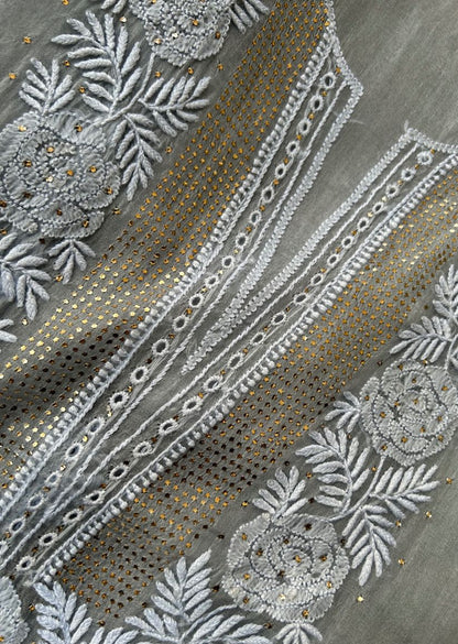 Firgun Grey Lucknowi Chikankari Pure Organza Unstitched Kurta & Dupatta Set