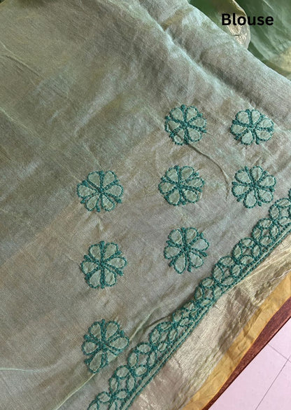 Firgun Green Lucknowi Chikankari Chanderi Saree with Unstitched Blouse Piece