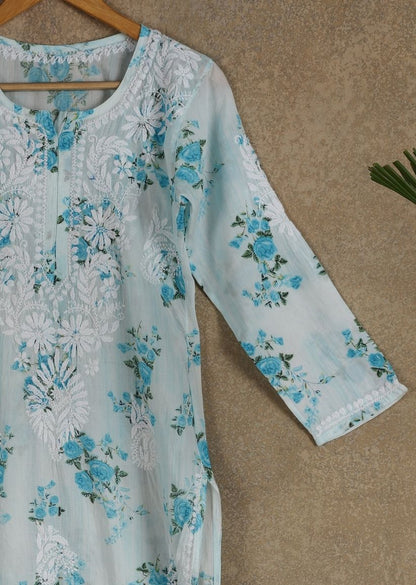 Firgun White Blue Printed Lucknowi Chikankari Cotton Kurta