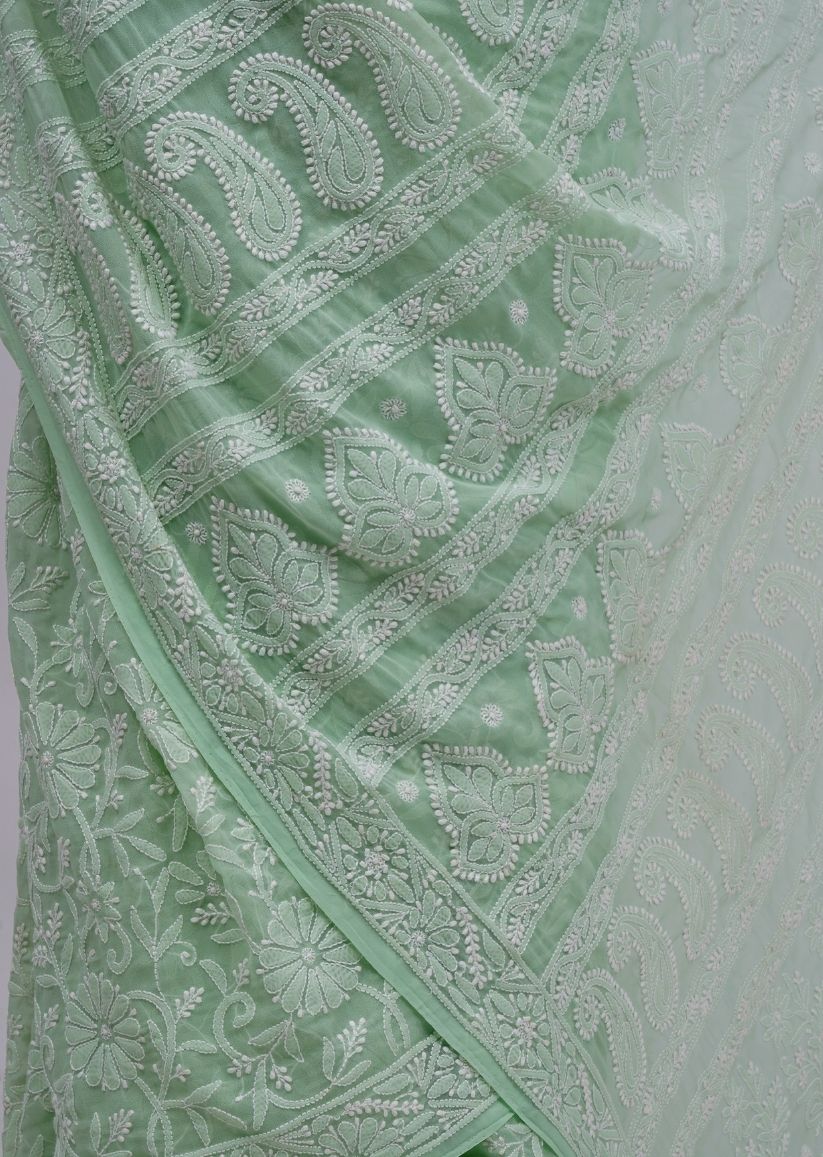 Firgun Pista Green Lucknowi Chikankari Georgette Saree with Unstitched Blouse Piece