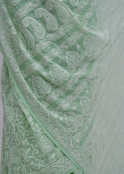 Firgun Pista Green Lucknowi Chikankari Georgette Saree with Unstitched Blouse Piece