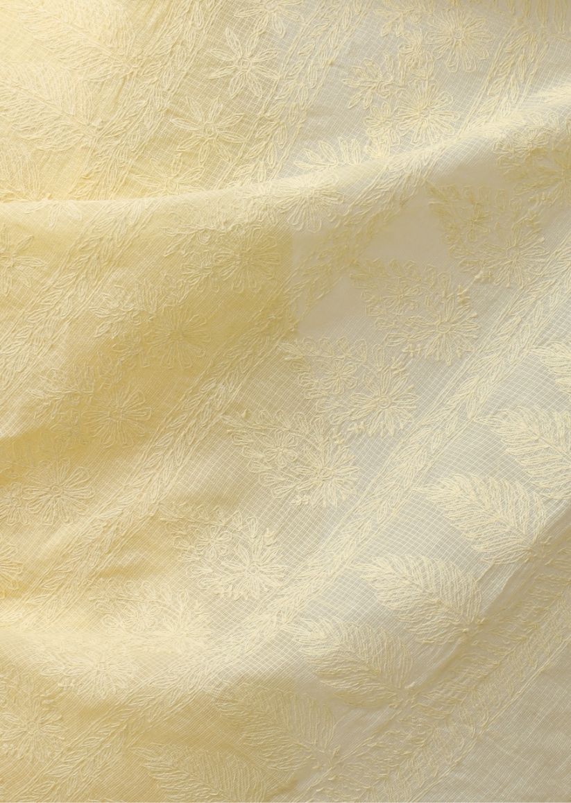 Firgun Mustard Lucknowi Chikankari Kota Doria Tepchi Work Saree with Blouse Piece
