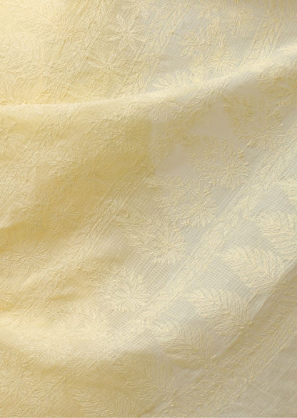 Firgun Mustard Lucknowi Chikankari Kota Doria Tepchi Work Saree with Blouse Piece