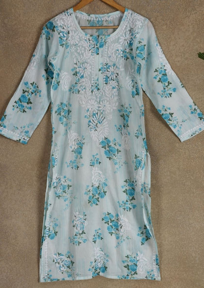 Firgun White Blue Printed Lucknowi Chikankari Cotton Kurta