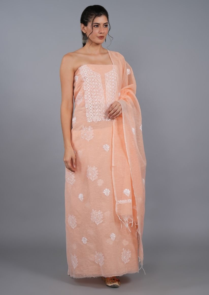 Firgun Orange Lucknowi Chikankari Linen Unstitched Kurta & Dupatta Set
