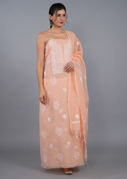 Firgun Orange Lucknowi Chikankari Linen Unstitched Kurta & Dupatta Set