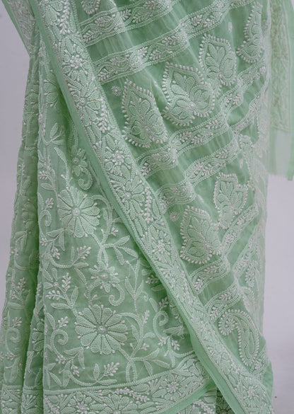 Firgun Pista Green Lucknowi Chikankari Georgette Saree with Unstitched Blouse Piece