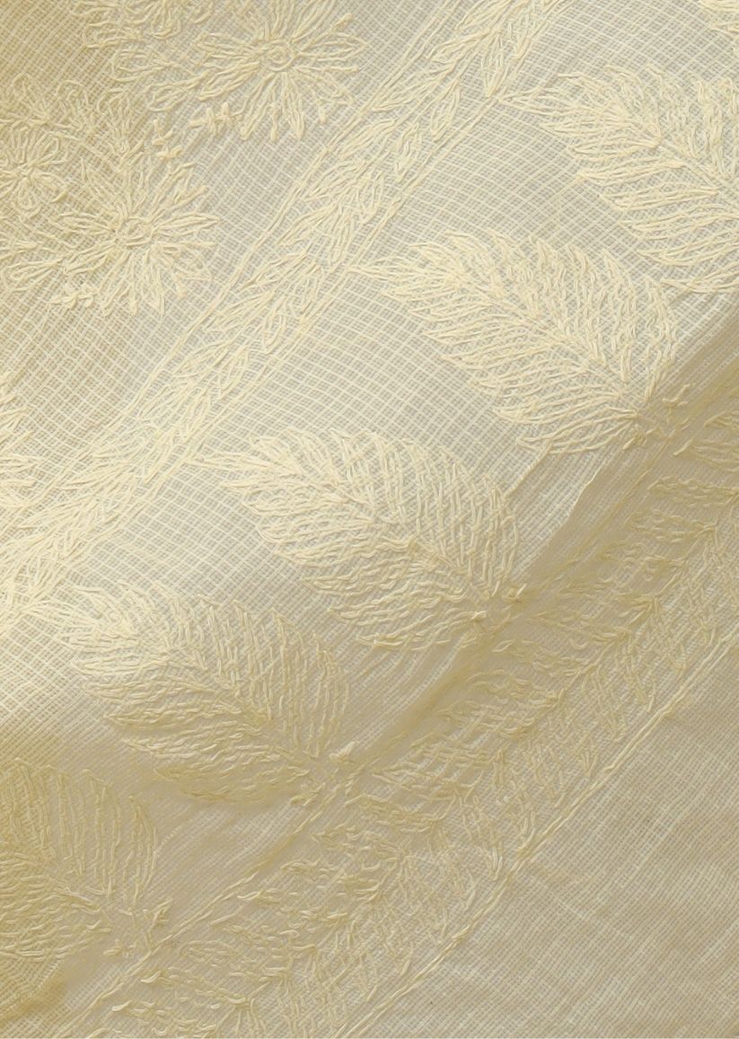 Firgun Mustard Lucknowi Chikankari Kota Doria Tepchi Work Saree with Blouse Piece