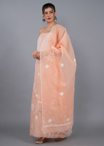 Firgun Orange Lucknowi Chikankari Linen Unstitched Kurta & Dupatta Set