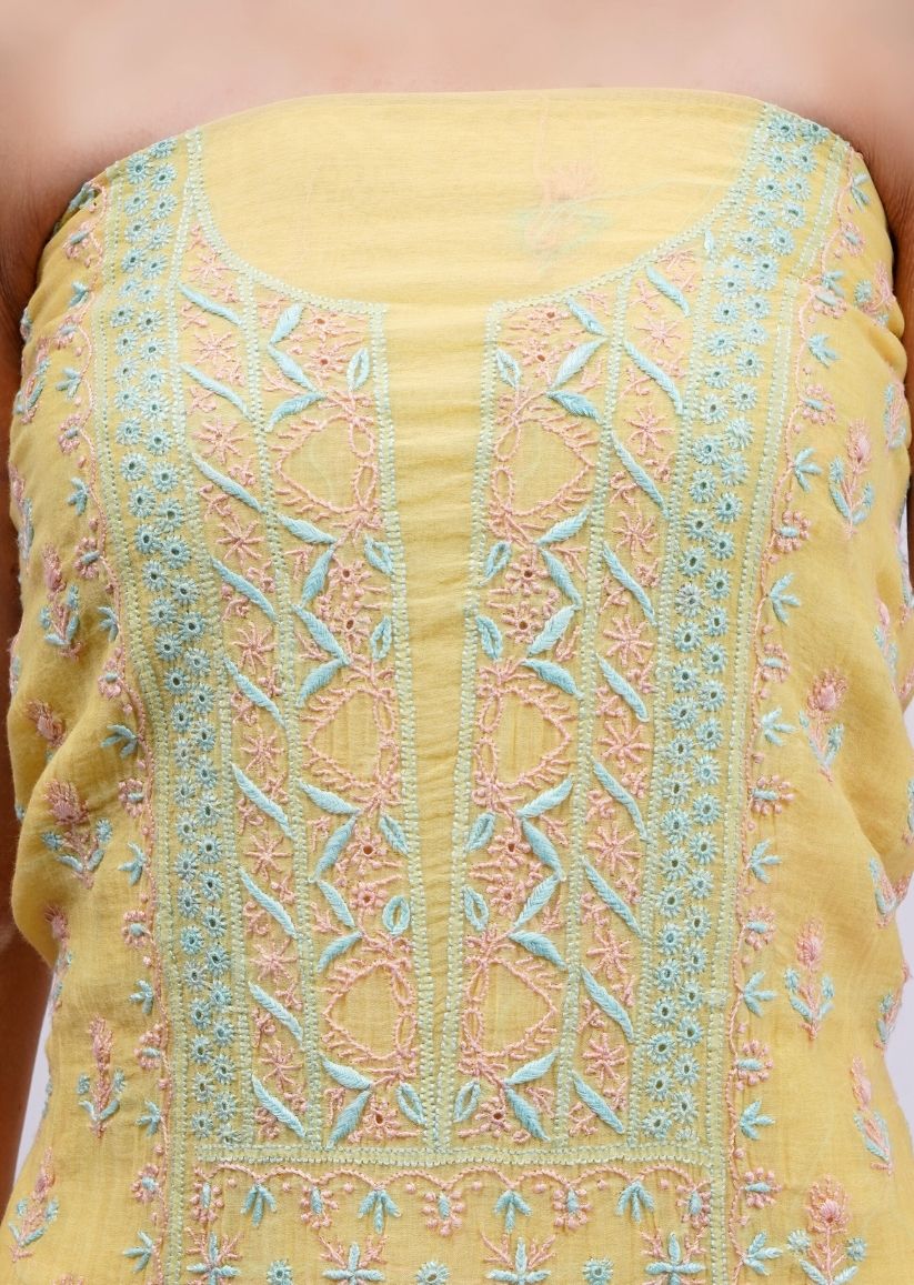 Firgun Lemon Lucknowi Chikankari Mul Chanderi Unstitched Kurta & Dupatta Set