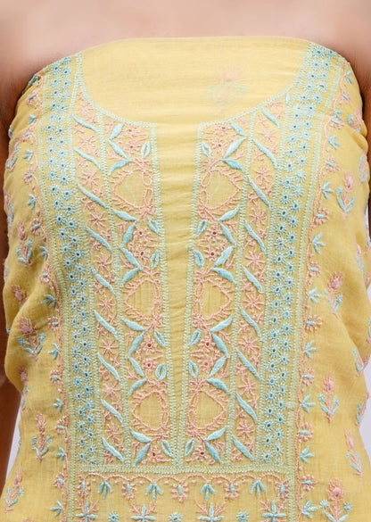 Firgun Lemon Lucknowi Chikankari Mul Chanderi Unstitched Kurta & Dupatta Set