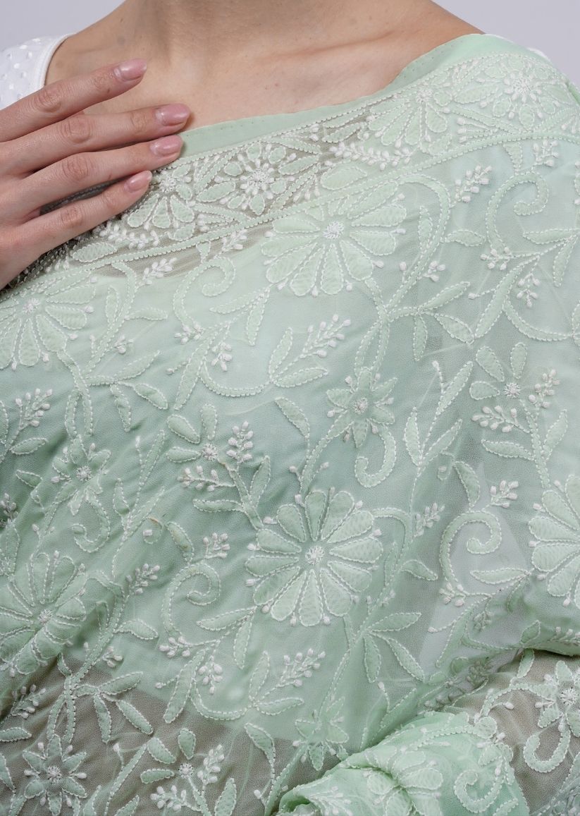 Firgun Pista Green Lucknowi Chikankari Georgette Saree with Unstitched Blouse Piece