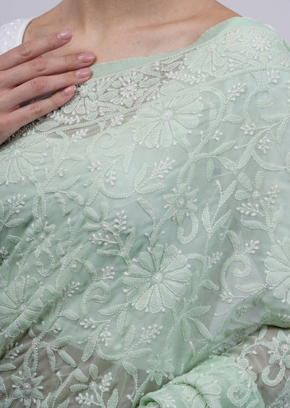 Firgun Pista Green Lucknowi Chikankari Georgette Saree with Unstitched Blouse Piece