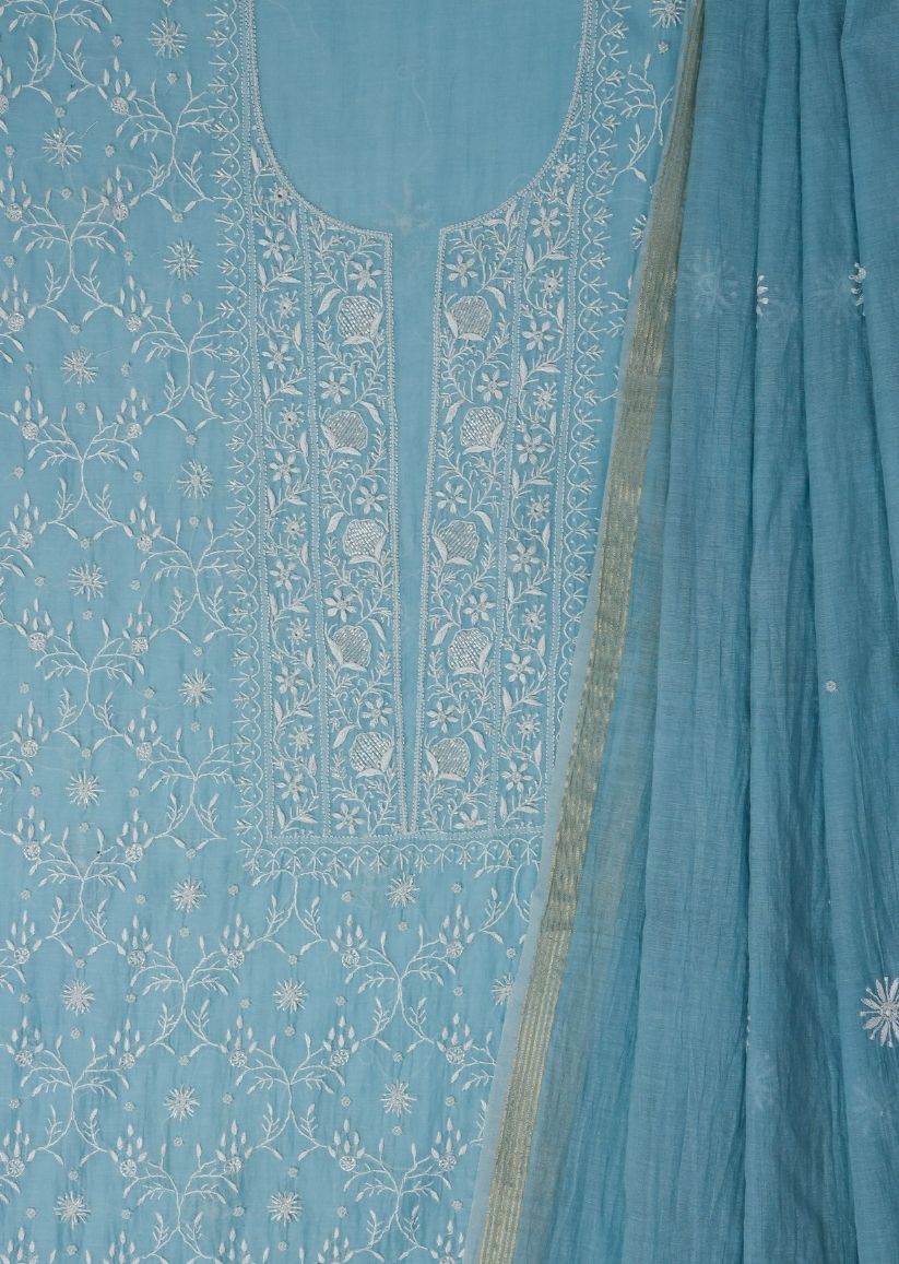 Firgun Cerulean Blue Lucknowi Chikankari Mul Chanderi Unstitched Kurta & Dupatta Set