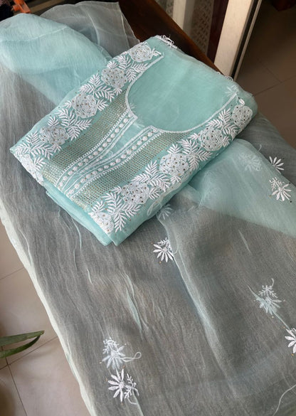 Firgun Aqua Blue Lucknowi Chikankari Pure Organza Unstitched Kurta & Dupatta Set