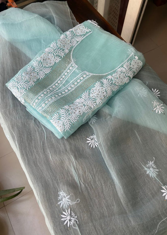 Firgun Aqua Blue Lucknowi Chikankari Pure Organza Unstitched Kurta & Dupatta Set