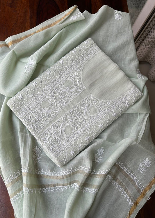 Firgun Pale Mint Green Lucknowi Chikankari Mul Chanderi Unstitched Kurta & Dupatta Set
