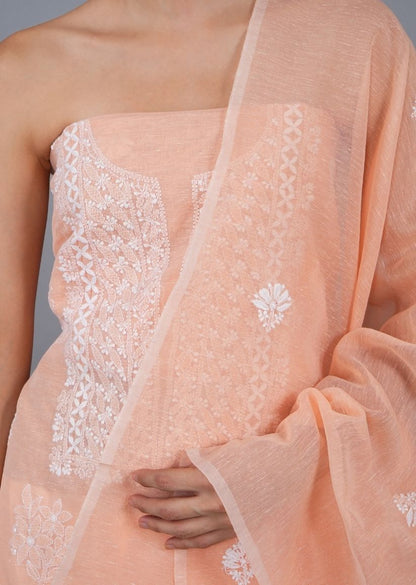 Firgun Orange Lucknowi Chikankari Linen Unstitched Kurta & Dupatta Set