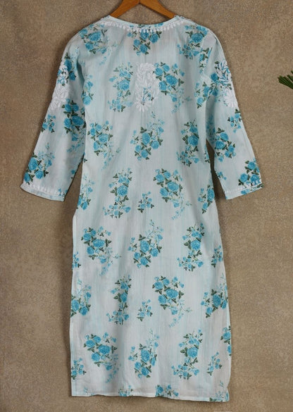 Firgun White Blue Printed Lucknowi Chikankari Cotton Kurta