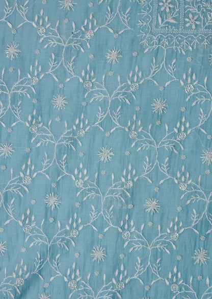 Firgun Cerulean Blue Lucknowi Chikankari Mul Chanderi Unstitched Kurta & Dupatta Set