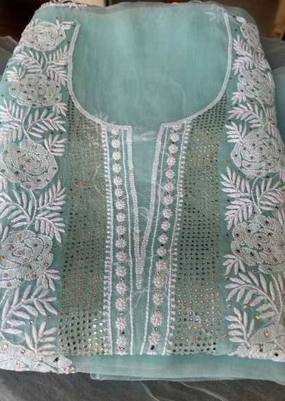 Firgun Aqua Blue Lucknowi Chikankari Pure Organza Unstitched Kurta & Dupatta Set