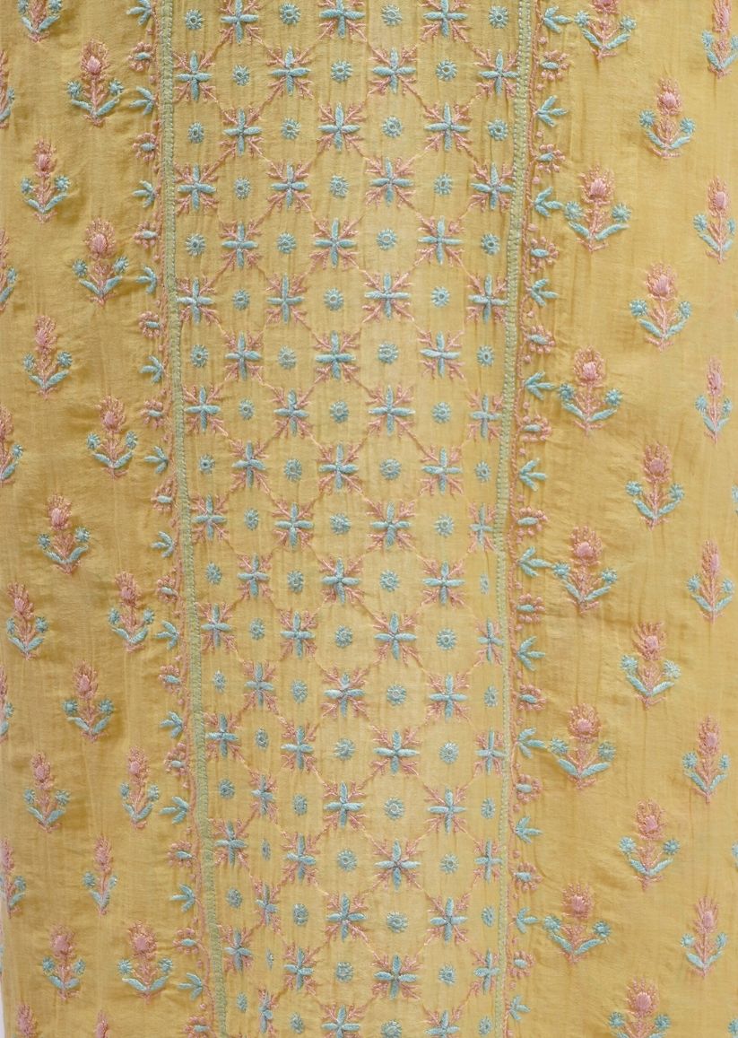 Firgun Lemon Lucknowi Chikankari Mul Chanderi Unstitched Kurta & Dupatta Set