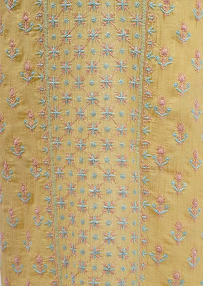 Firgun Lemon Lucknowi Chikankari Mul Chanderi Unstitched Kurta & Dupatta Set