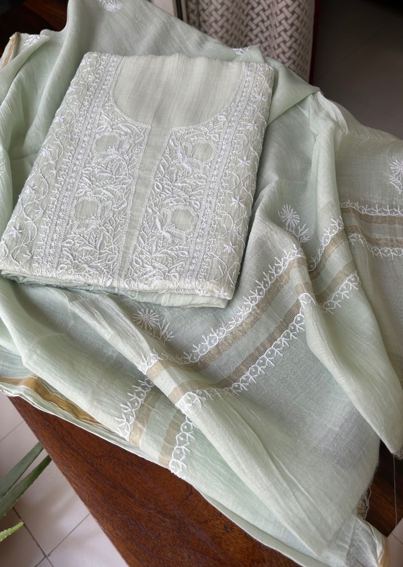 Firgun Pale Mint Green Lucknowi Chikankari Mul Chanderi Unstitched Kurta & Dupatta Set