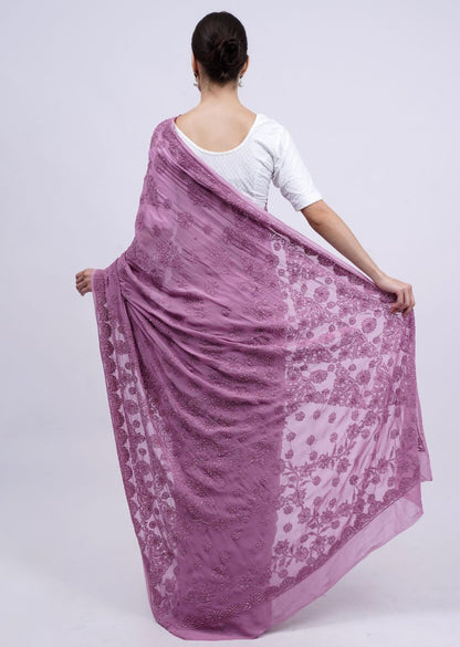 Firgun Wine Lucknowi Chikankari Viscose Georgette Saree with Unstitched Blouse Piece